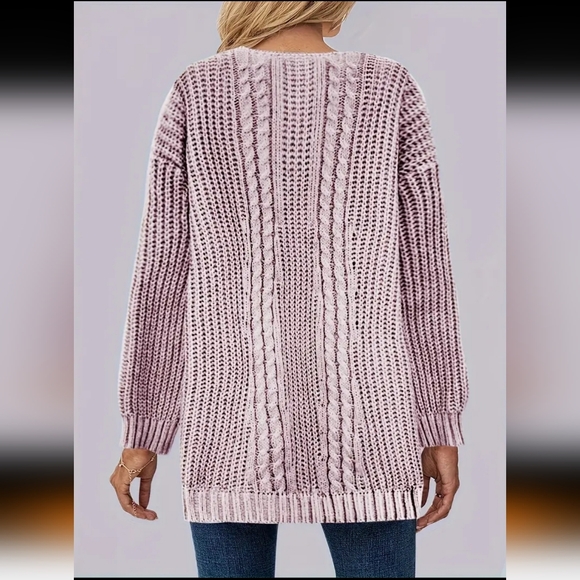 Women's Light Mauve Chunky Cable Knit V-Neck Sweater Tunic XL - Picture 2 of 4